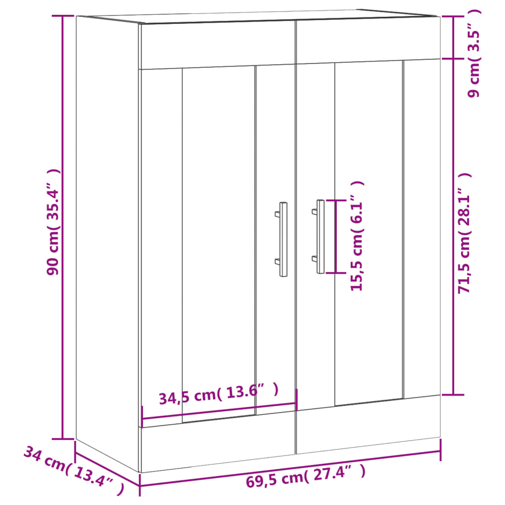 vidaXL Veggskap brun eik 69,5x34x90 cm konstruert tre