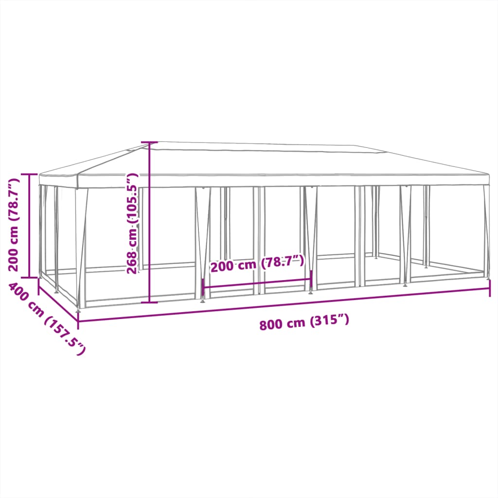 vidaXL Festtelt med 12 sidevegger av netting hvit 8x4 m HDPE