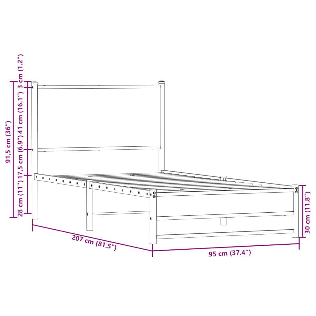 vidaXL Sengeramme i metall uten madrass brun eik 90x200 cm