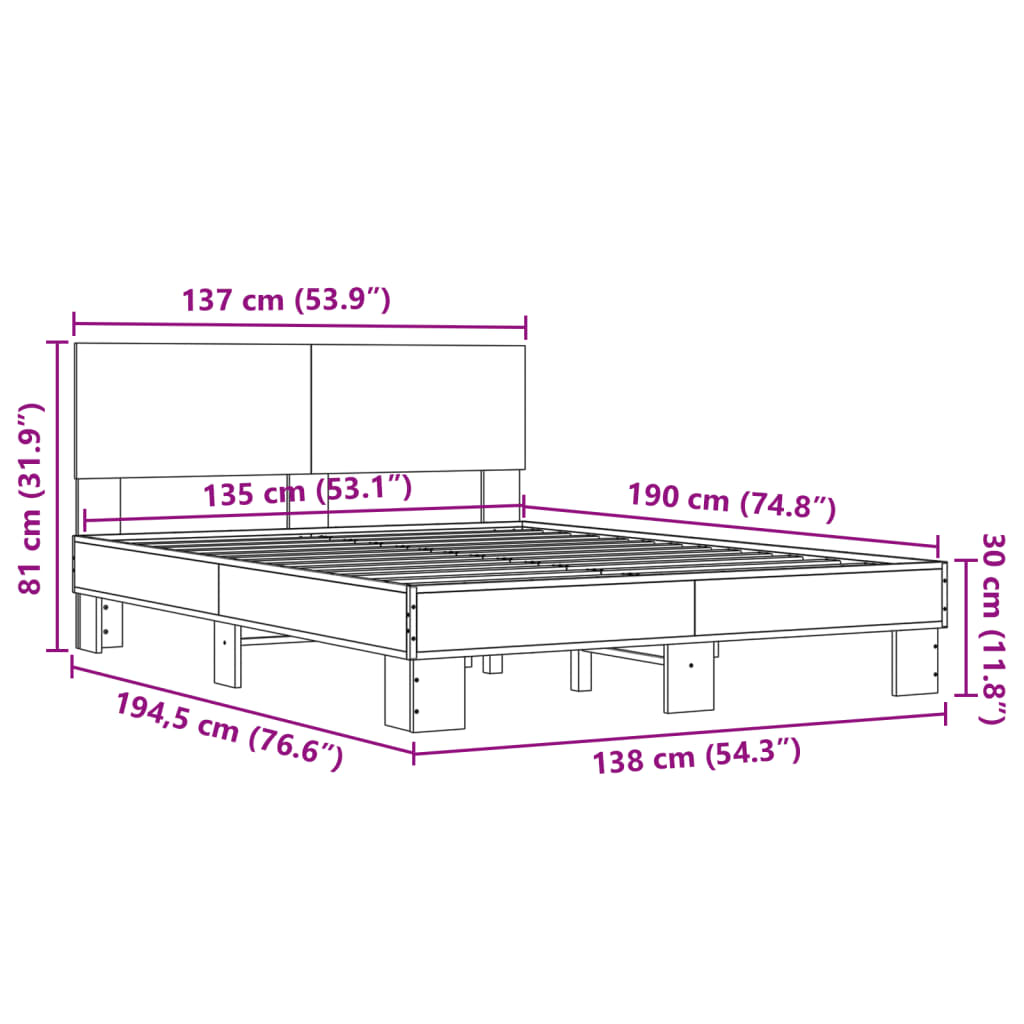 vidaXL Sengeramme sonoma eik 135x190 cm konstruert tre og metall