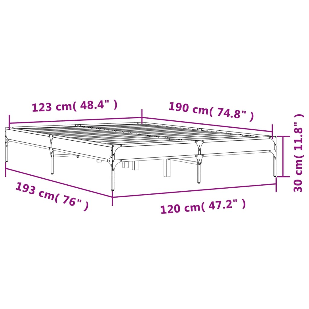 vidaXL Sengeramme røkt eik 120x190 cm konstruert tre og metall