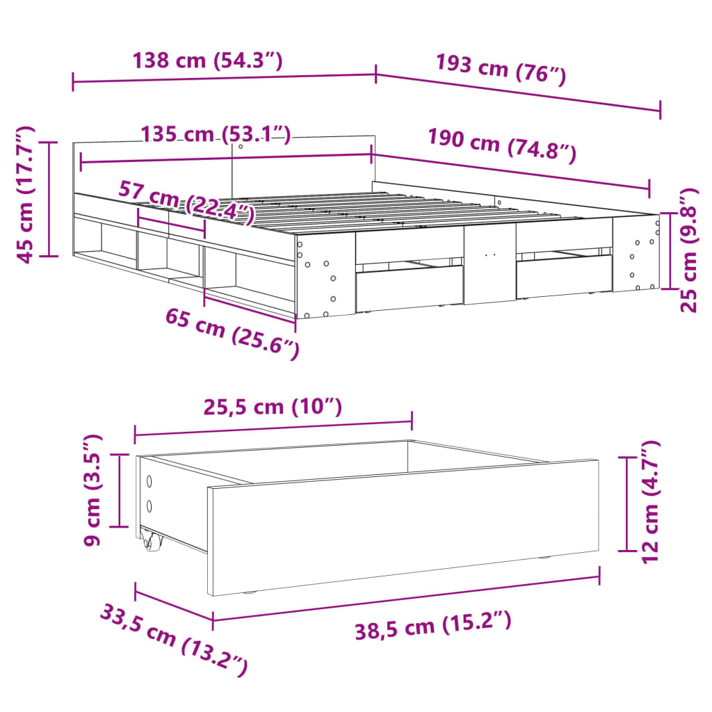 vidaXL Sengeramme med skuffer svart 135x190 cm konstruert tre