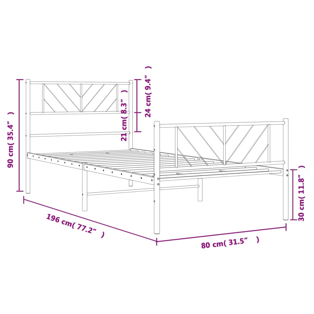 vidaXL Sengeramme i metall med hode- og fotgavl hvit 75x190 cm