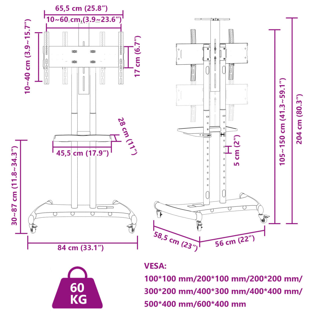 vidaXL TV-stativ på hjul 32-70 tommers skjerm maks VESA 600x400mm 60kg