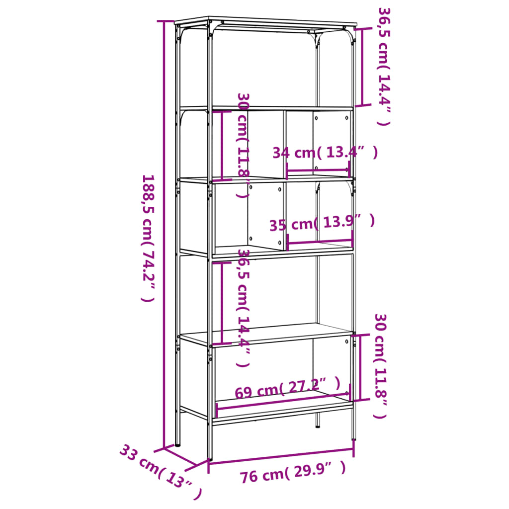 vidaXL Bokhylle 5 etasjer røkt eik 76x33x188,5 cm konstruert tre