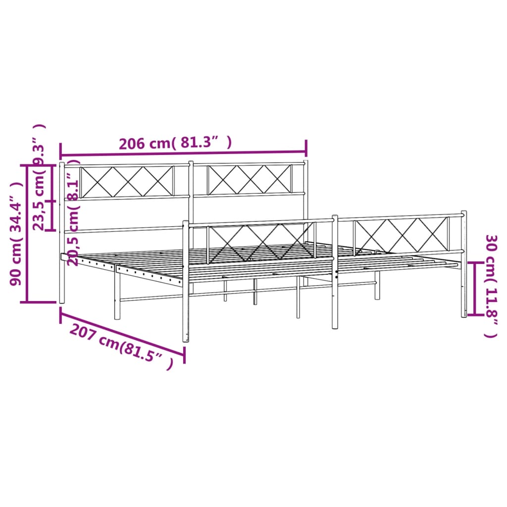 vidaXL Sengeramme i metall med hode- og fotgavl svart 200x200 cm