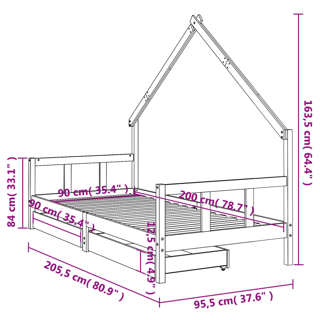 vidaXL Barnesengeramme med skuffer svart 90x200 cm heltre furu