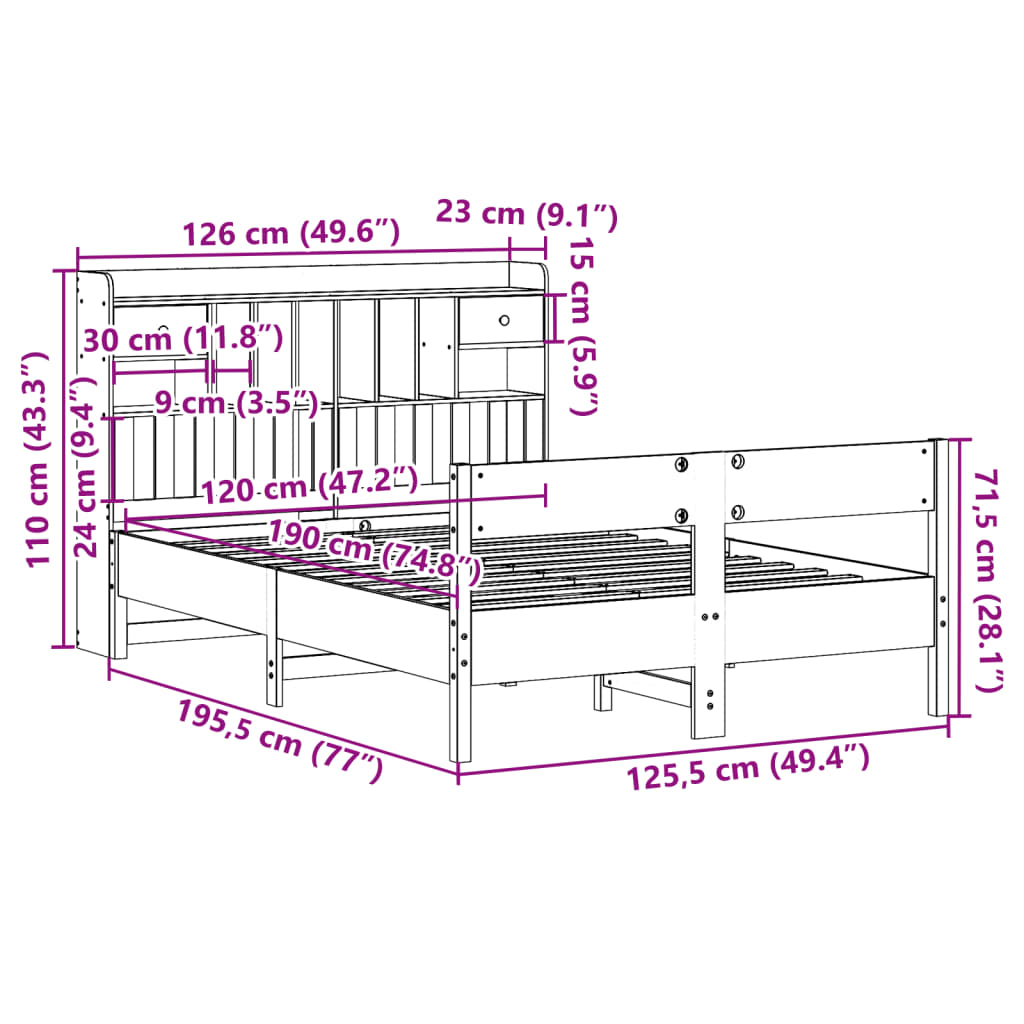 vidaXL Seng med bokhylle uten madrass hvit 120x190 cm heltre furu