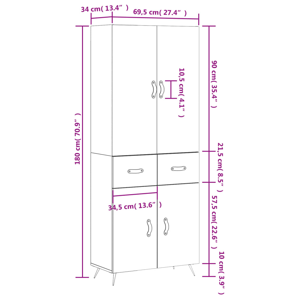 vidaXL Highboard betonggrå 69,5x34x180 cm konstruert tre