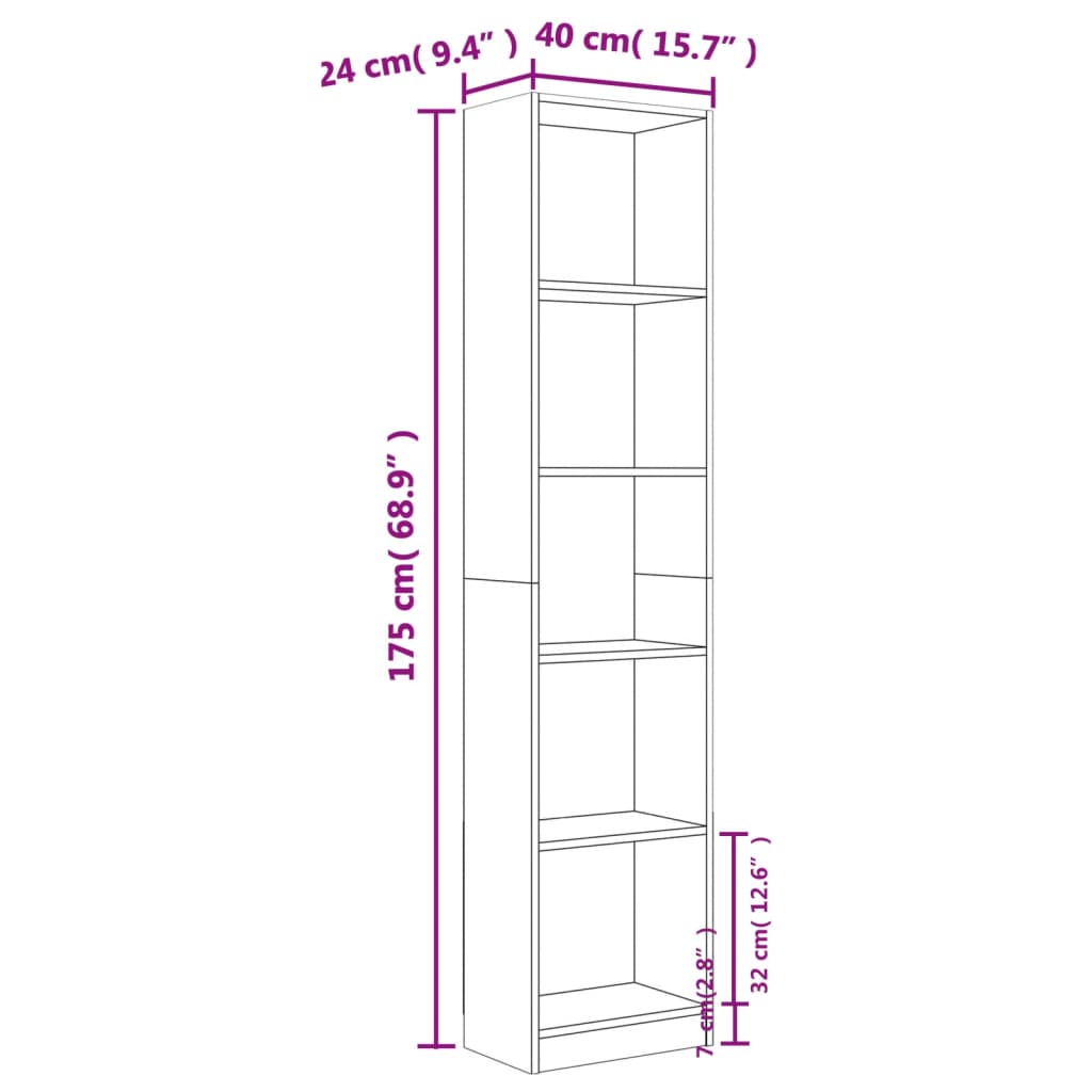 vidaXL Bokhylle 5 etasjer brun eik 40x24x175 cm konstruert tre