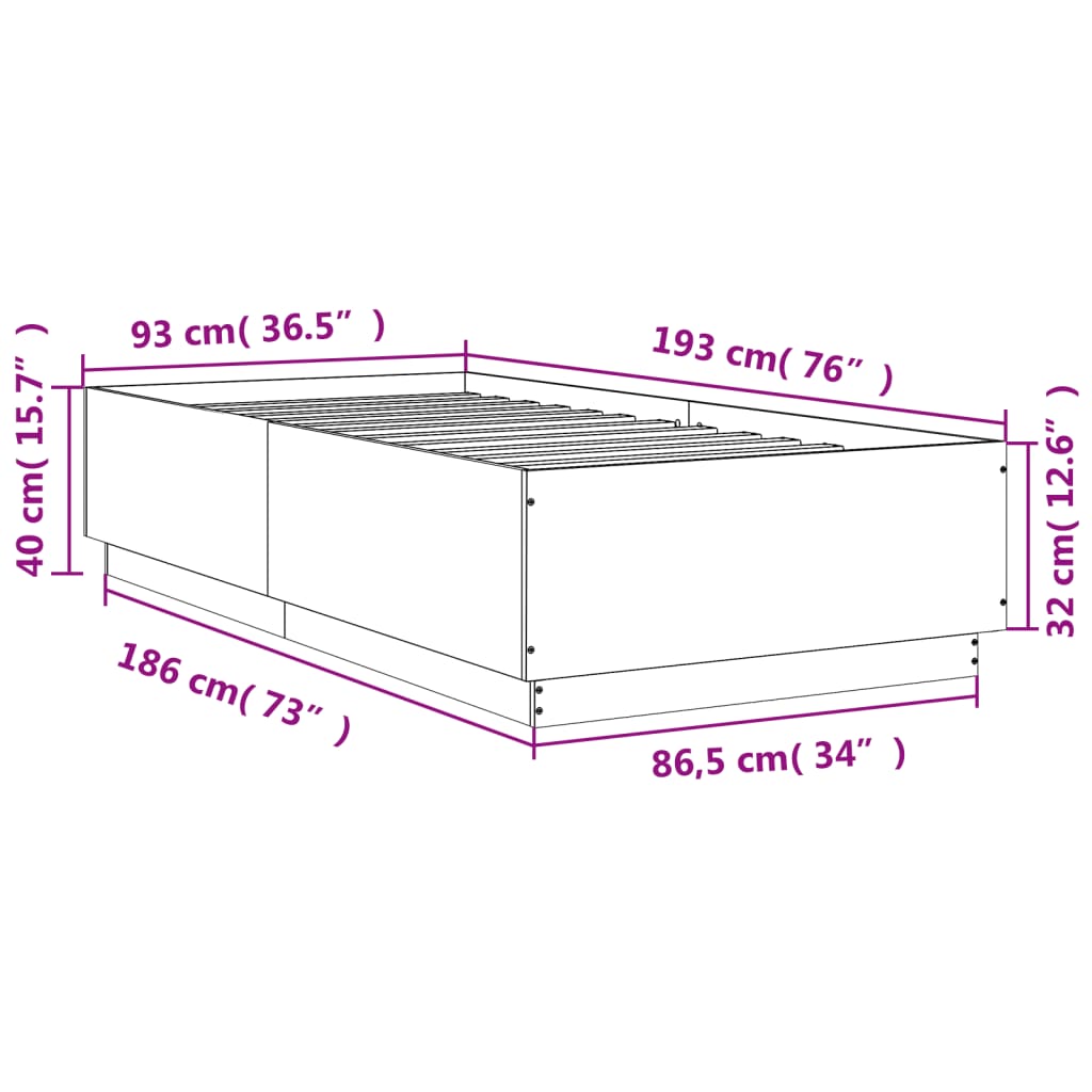 vidaXL Sengeramme betonggrå 90x190 cm konstruert tre