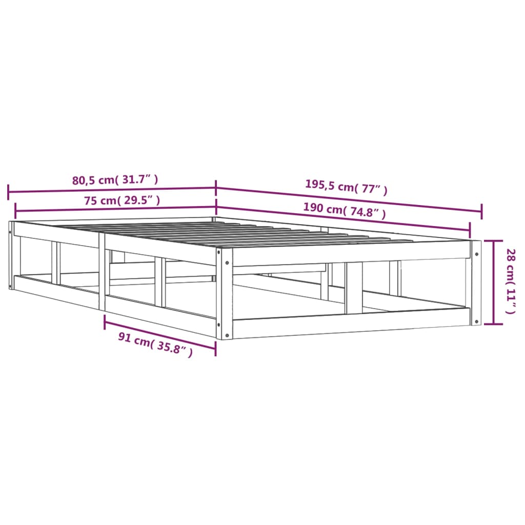 vidaXL Sengeramme 75x190 cm 2FT6 Small Single heltre