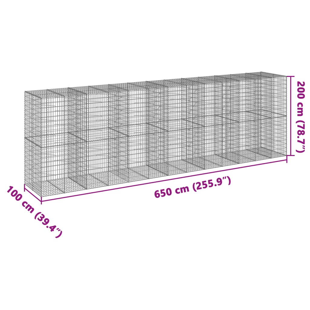 vidaXL Gabionkurv med deksel 650x100x200 cm galvanisert jern