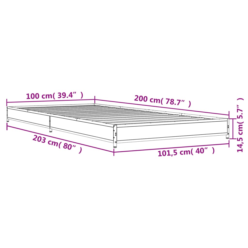 vidaXL Sengeramme grå sonoma 100x200 cm konstruert tre og metall