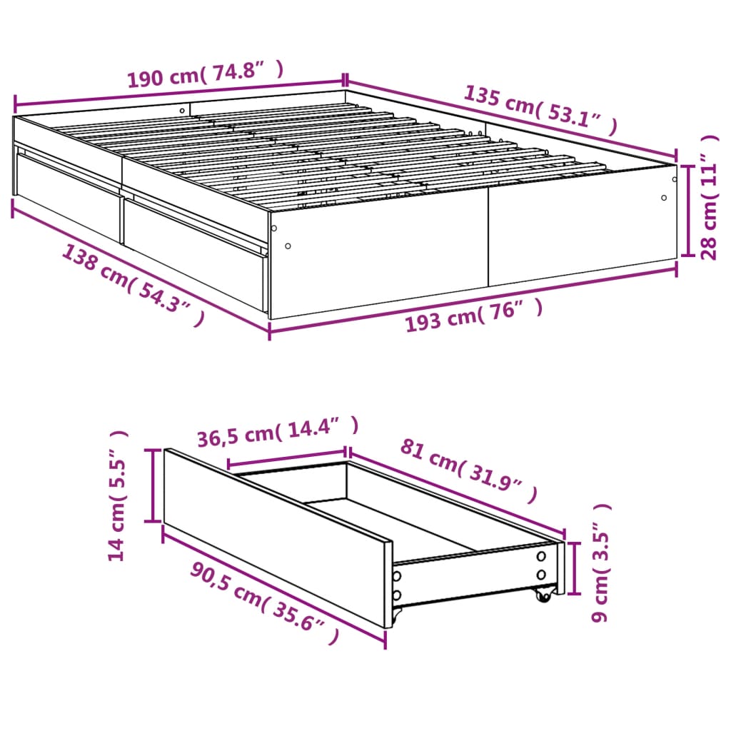 vidaXL Sengeramme med skuffer hvit 135x190 cm konstruert tre