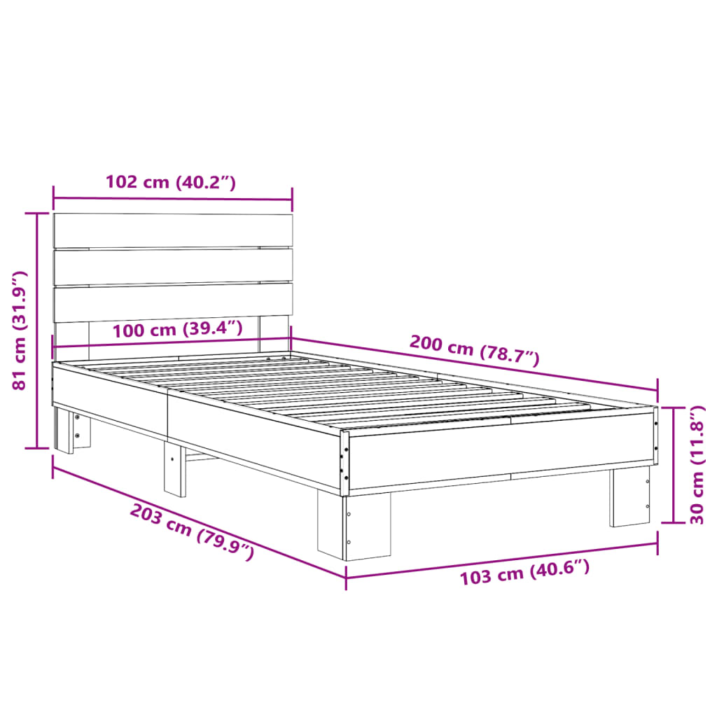 vidaXL Sengeramme brun eik 100x200 cm konstruert tre og metall