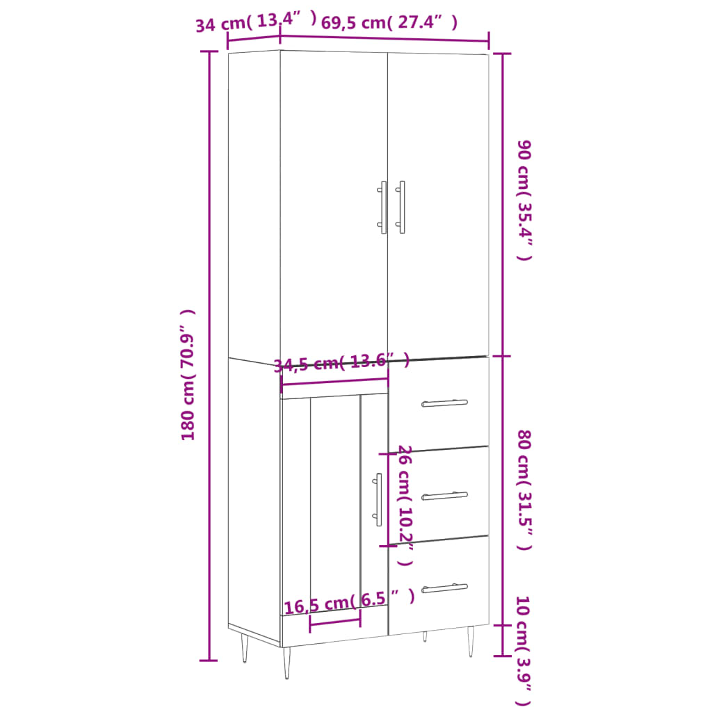 vidaXL Highboard grå sonoma 69,5x34x180 cm konstruert tre