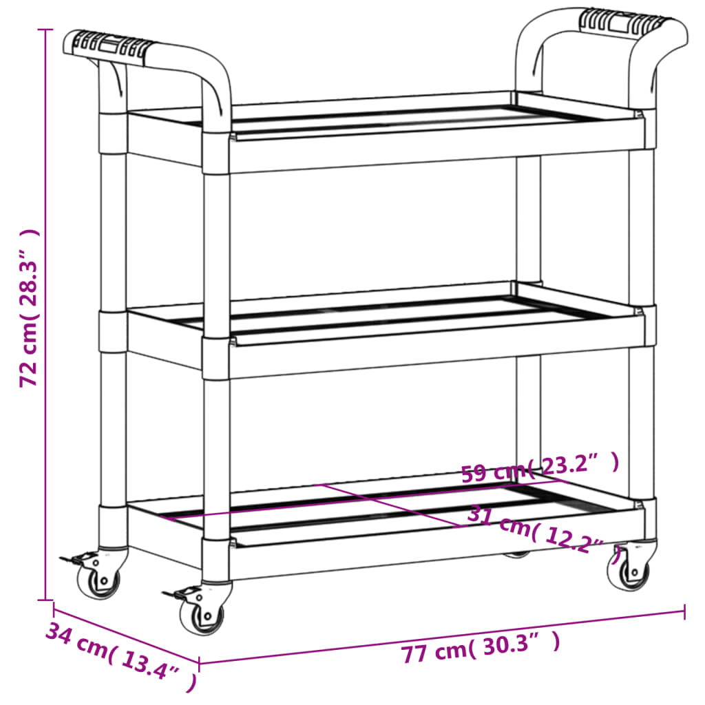 vidaXL Tralle 3 hyller svart 77x34x72 cm aluminium