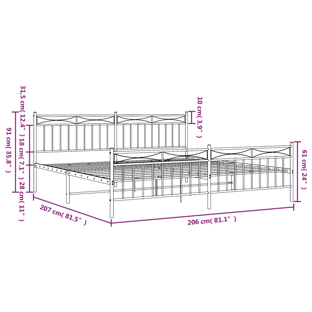 vidaXL Sengeramme i metall med hode- og fotgavl hvit 200x200 cm