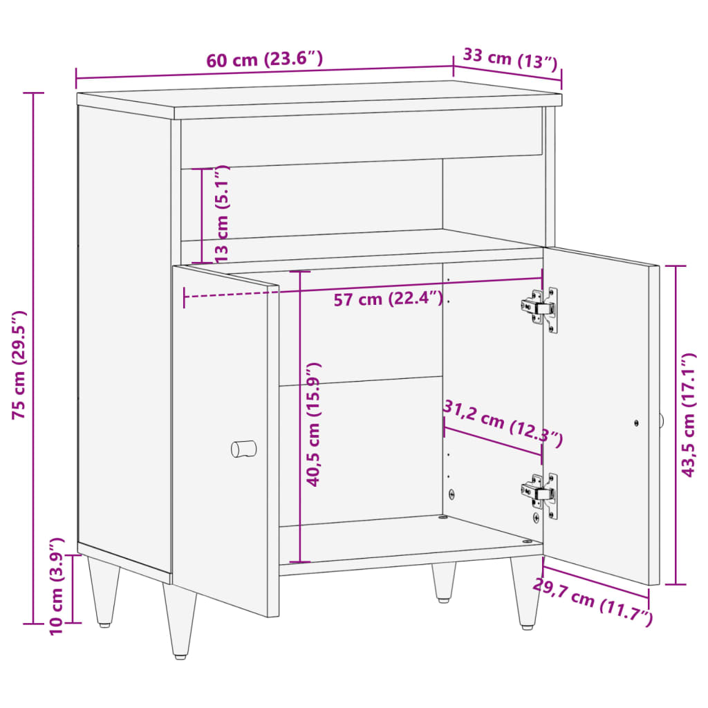 vidaXL Sideskap 60x33x75 cm heltre mango