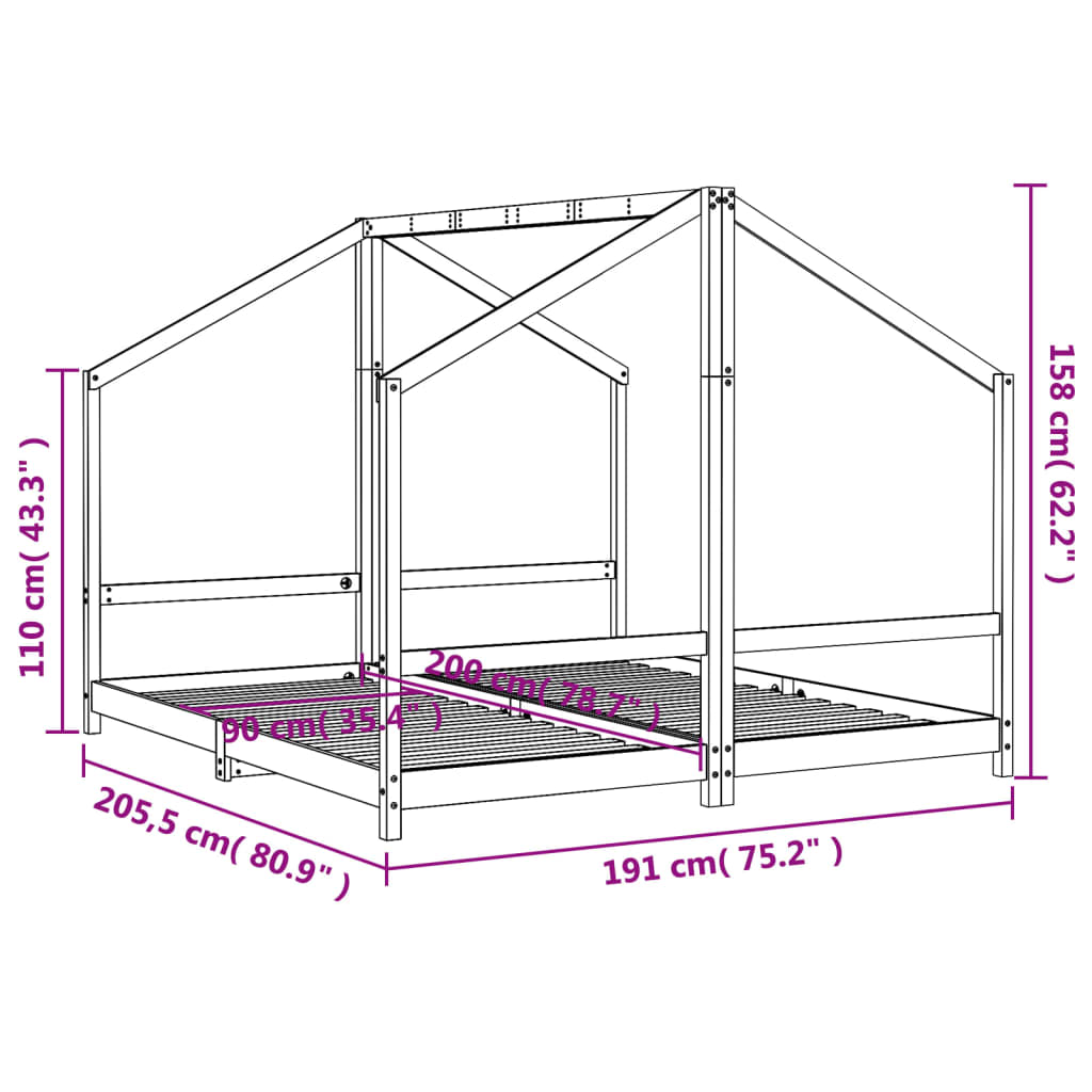 vidaXL Barnesengeramme hvit 2x(90x200) cm heltre furu