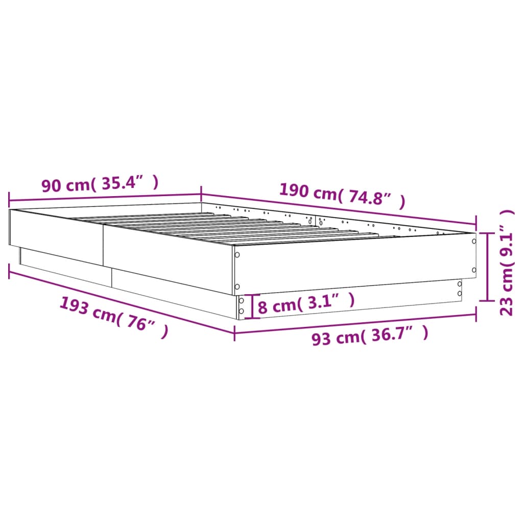 vidaXL Sengeramme med LED-lys betonggrå 90x190 cm