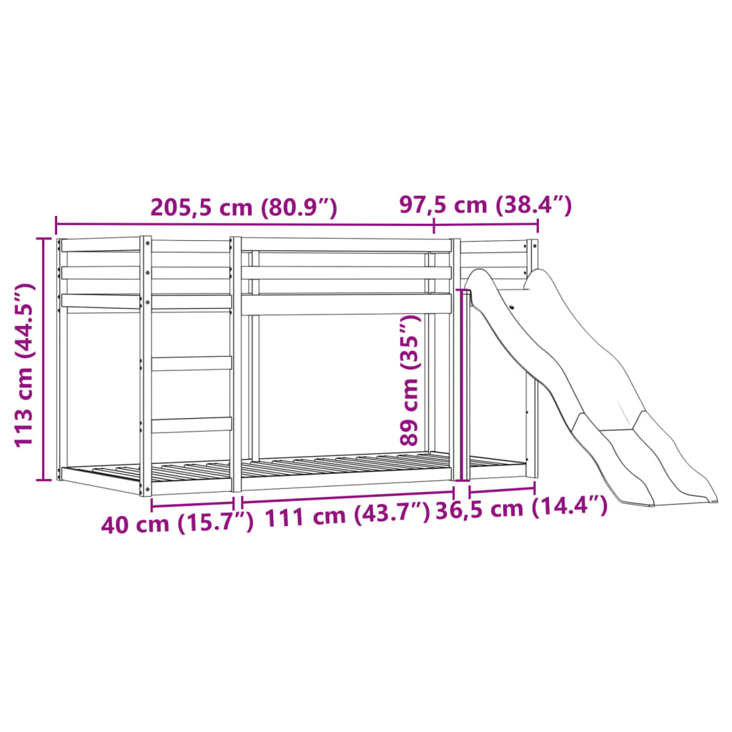 vidaXL Køyeseng med sklie og gardiner rosa 90x200 cm