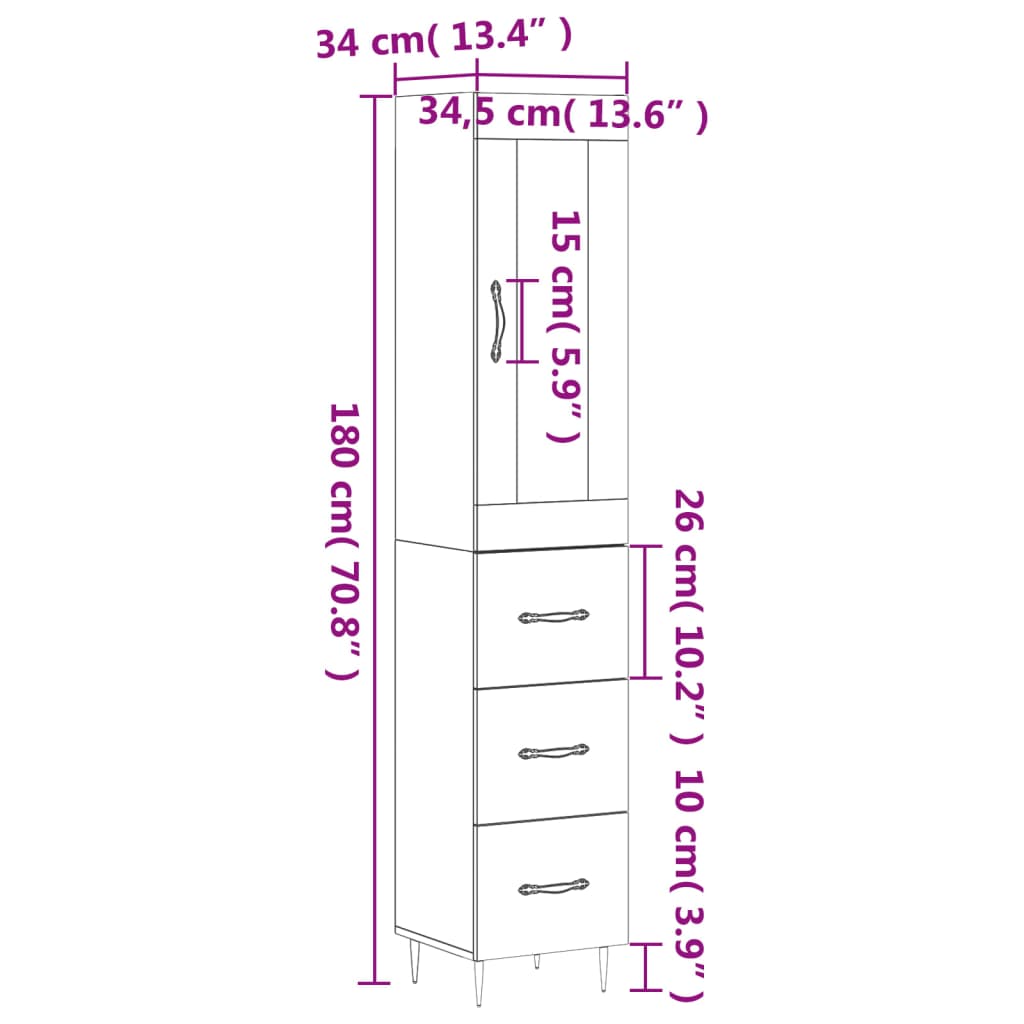 vidaXL Highboard brun eik 34,5x34x180 cm konstruert tre