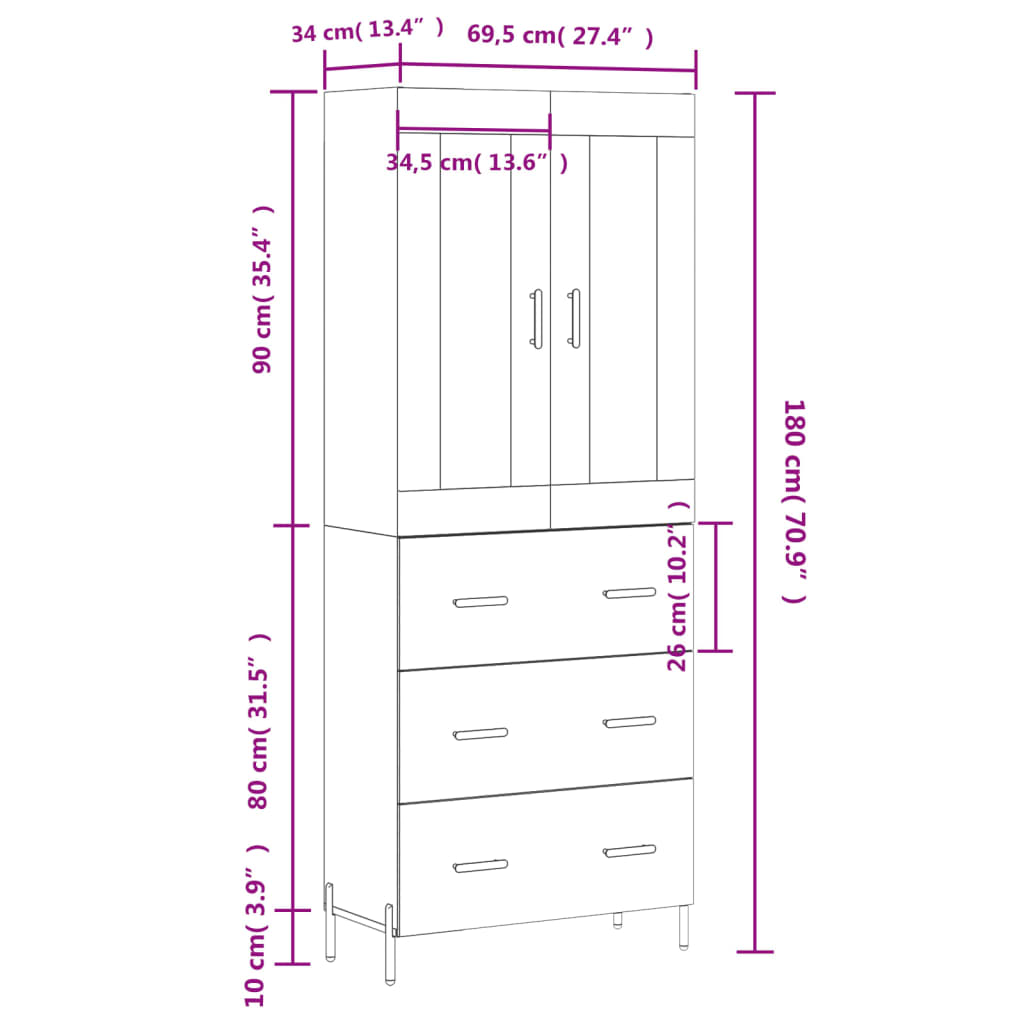 vidaXL Highboard grå sonoma 69,5x34x180 cm konstruert tre