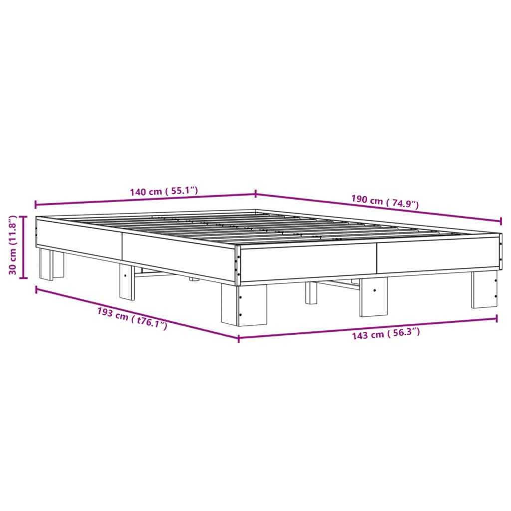 vidaXL Sengeramme røkt eik 140x190 cm konstruert tre og metall