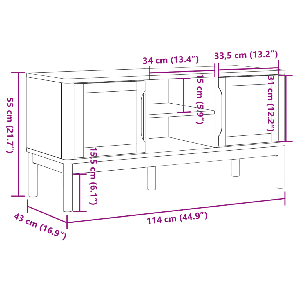 vidaXL TV-benk FLORO hvit 114x43x55 cm heltre furu