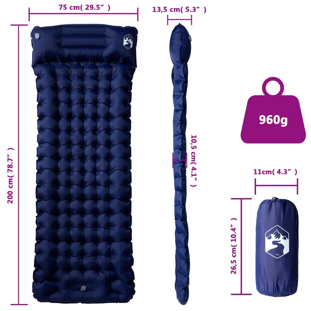 vidaXL Selvoppblåsende campingmadrass med pute for 1 person marineblå