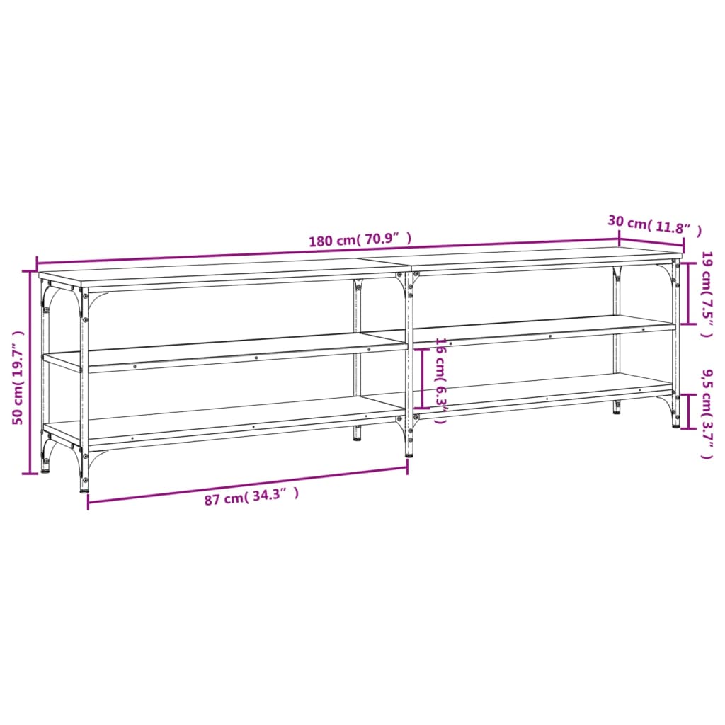 vidaXL TV-benk sonoma eik 180x30x50 cm konstruert tre og metall