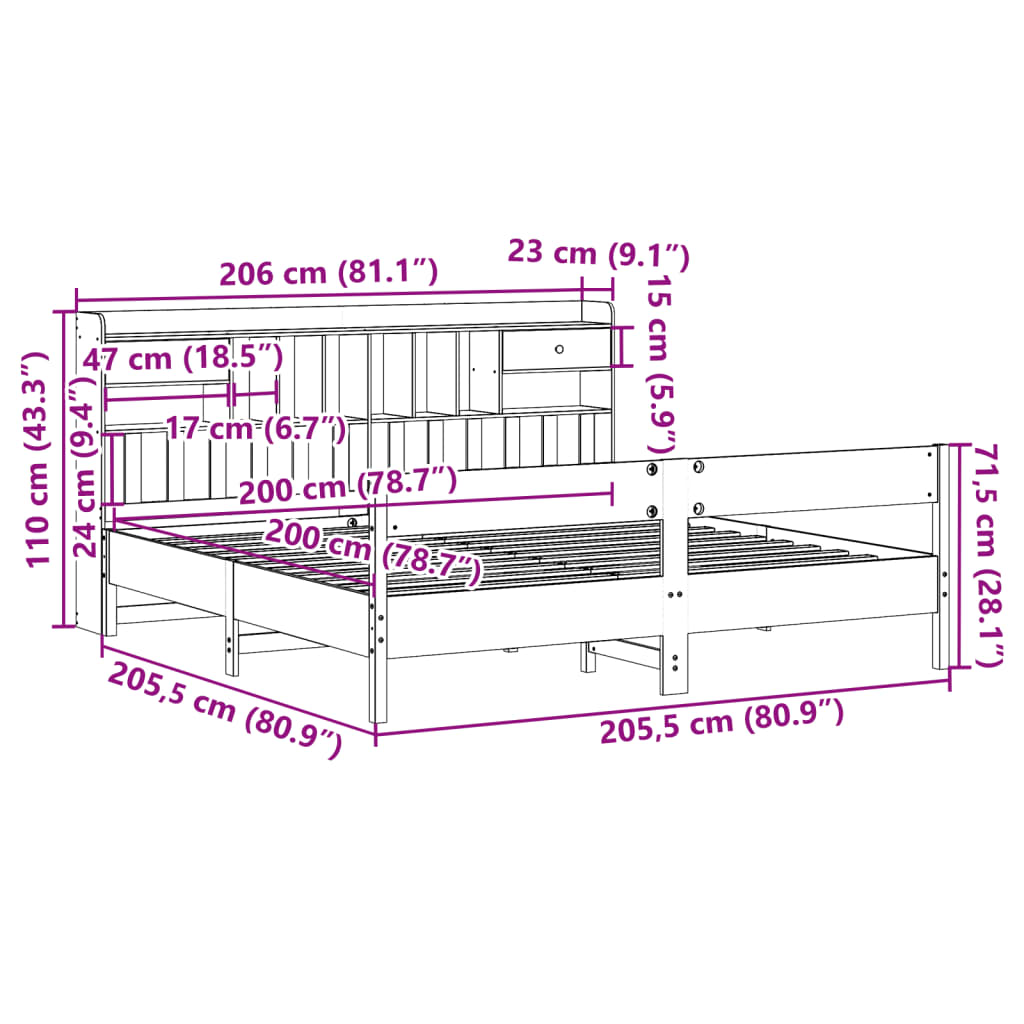 vidaXL Seng med bokhylle uten madrass voksbrun 200x200 cm heltre furu