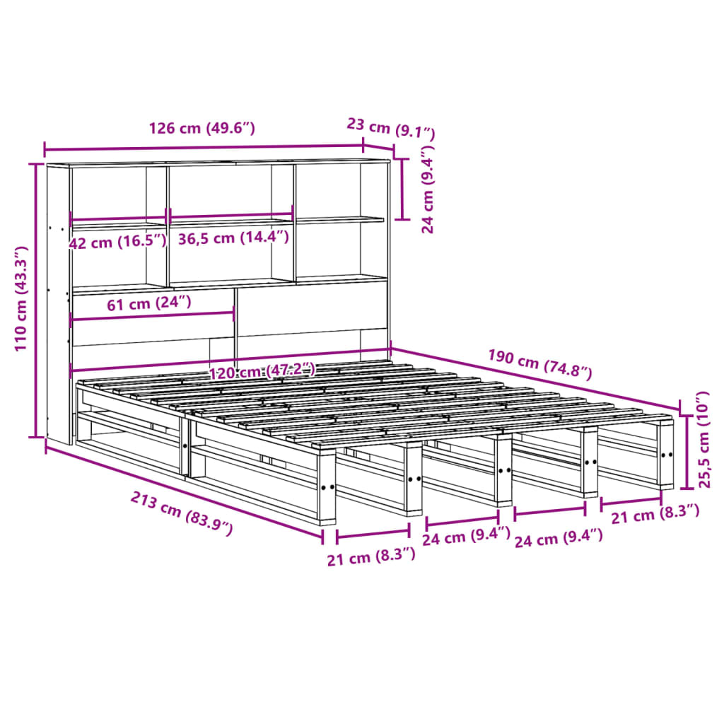 vidaXL Seng med bokhylle uten madrass hvit 120x190 cm heltre