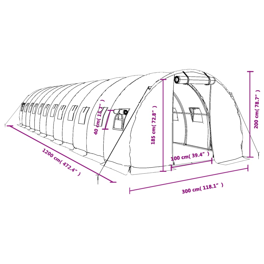 vidaXL Drivhus med stålramme hvit 36 m² 12x3x2 m