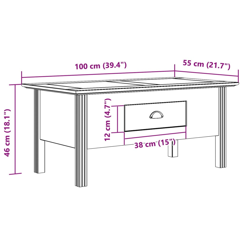 vidaXL Salongbord BODO hvit 100x55x46 cm heltre furu