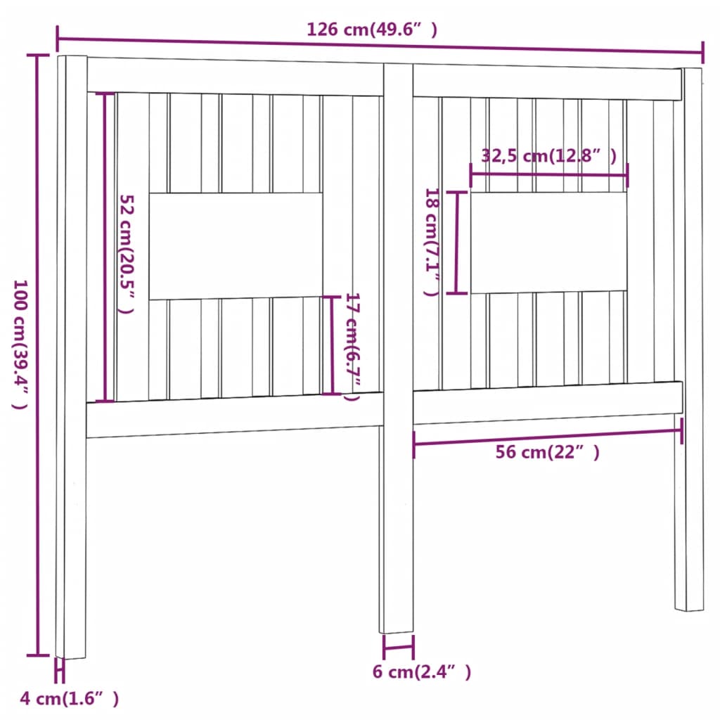 vidaXL Sengegavl svart 126x4x100 cm heltre furu