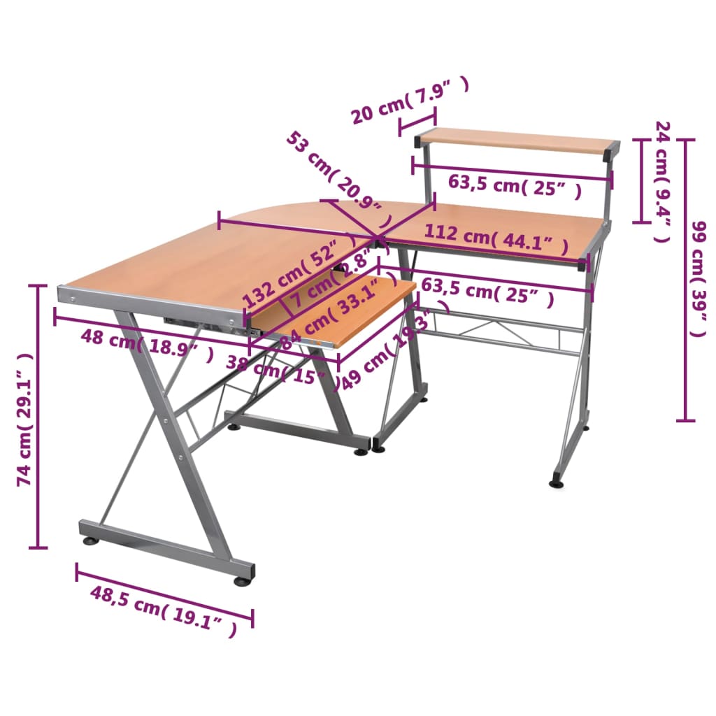 vidaXL Databord hjørne brun 132x112x99 cm konstruert tre