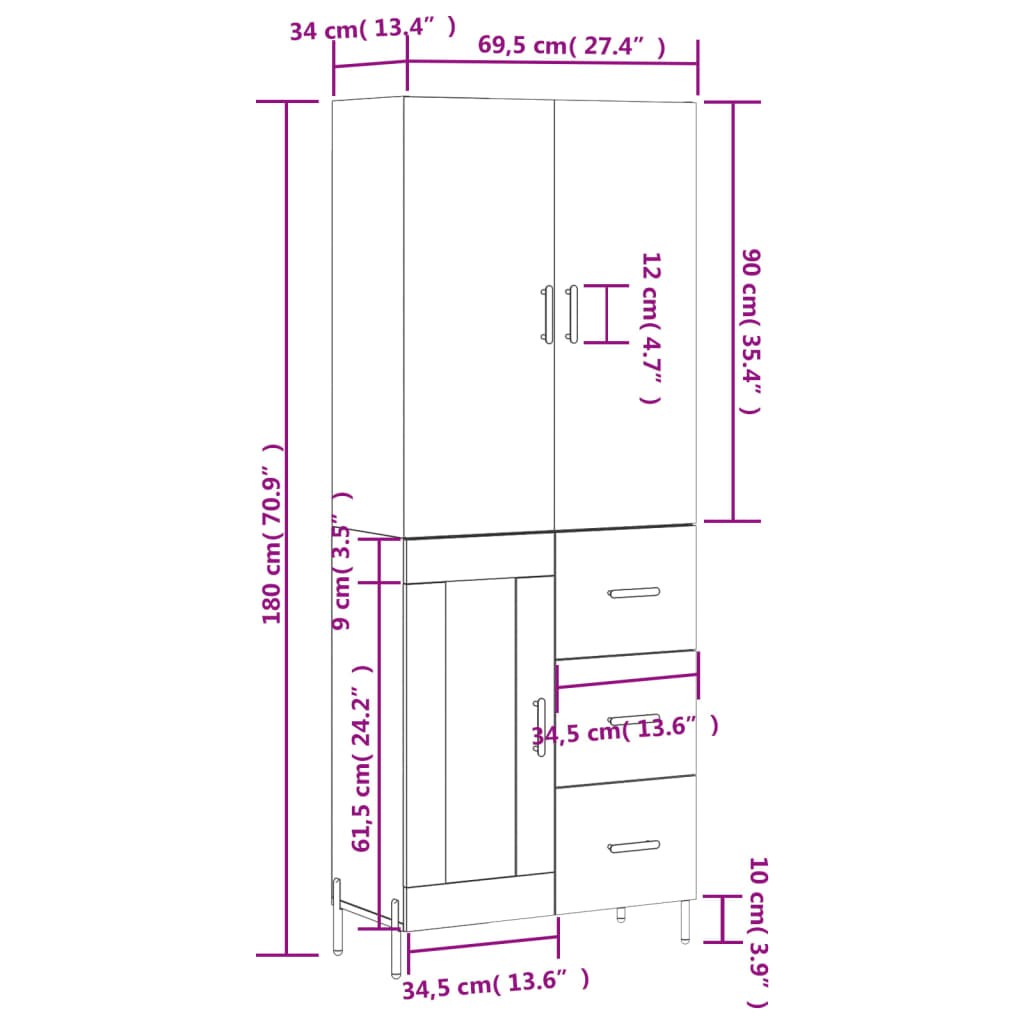 vidaXL Highboard brun eik 69,5x34x180 cm konstruert tre