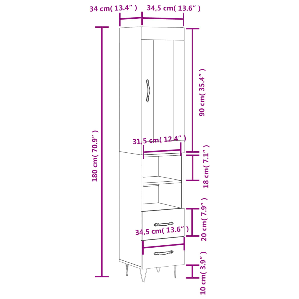 vidaXL Highboard sonoma eik 34,5x34x180 cm konstruert tre