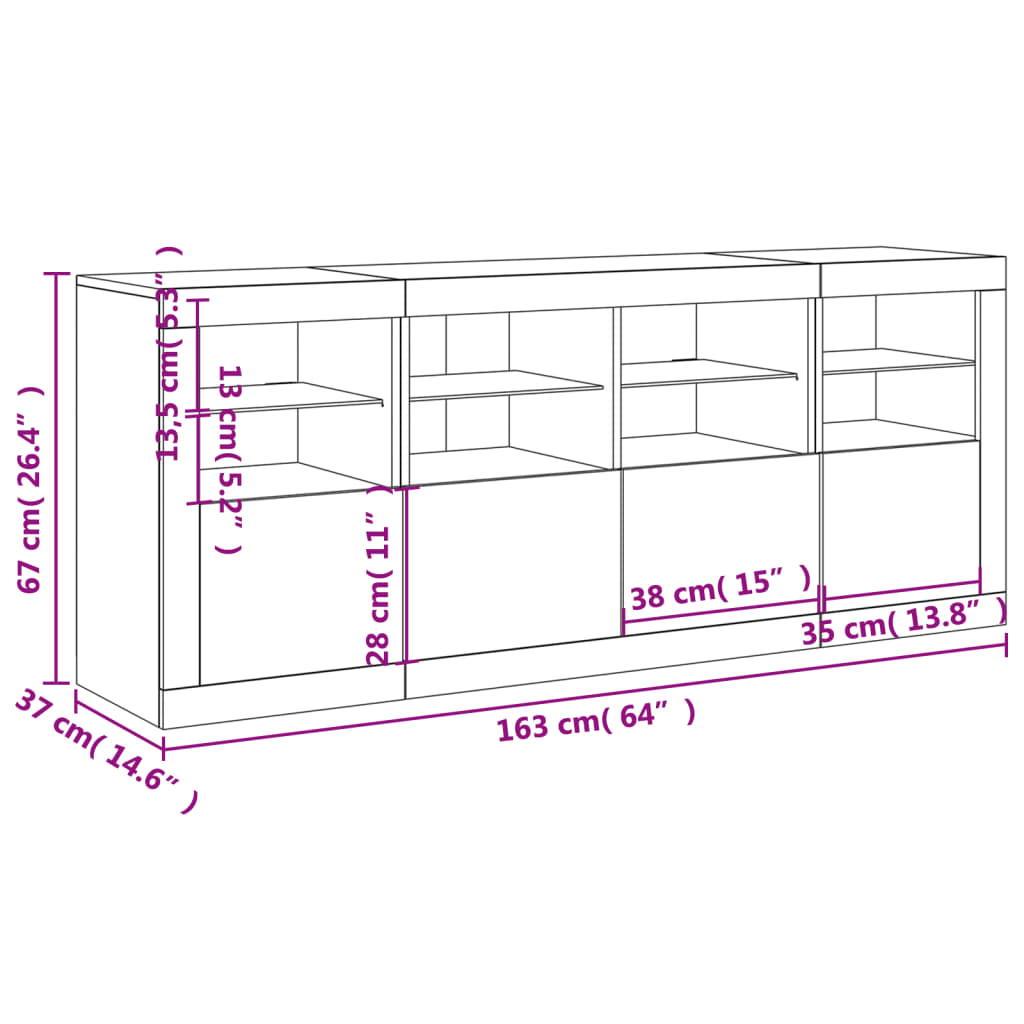 vidaXL Skjenk med LED-lys hvit 163x37x67 cm