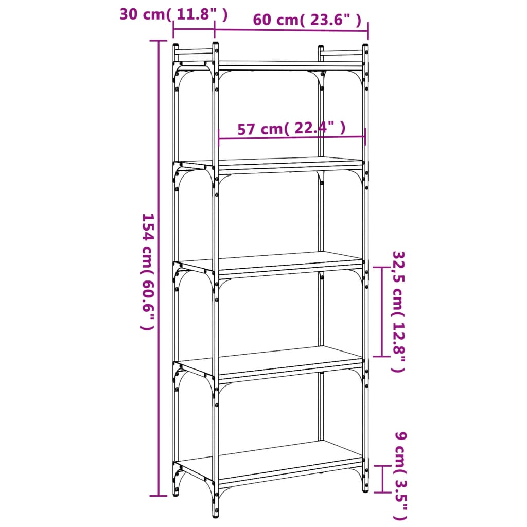 vidaXL Bokhylle 5 etasjer svart 60x30x154 cm konstruert tre