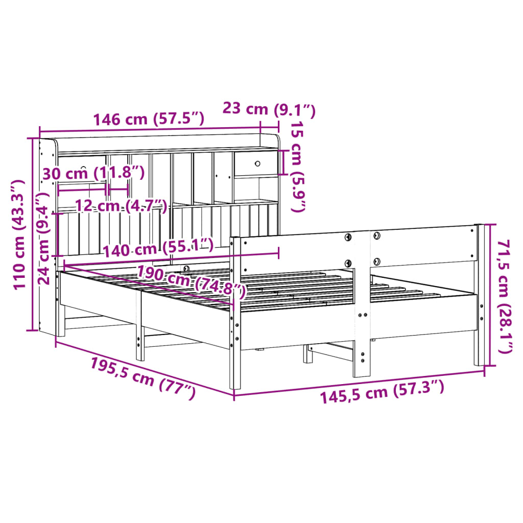 vidaXL Seng med bokhylle uten madrass voksbrun 140x190 cm heltre furu