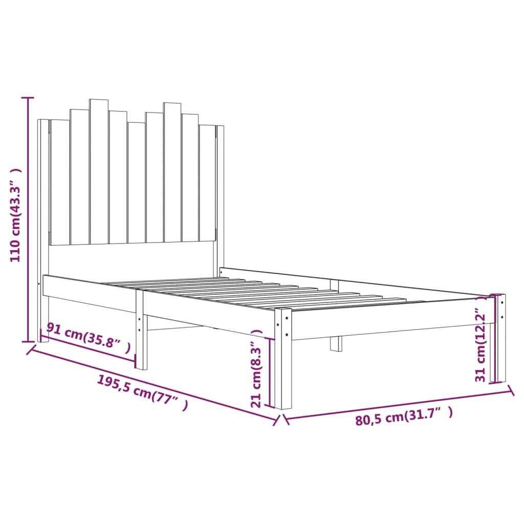 vidaXL Sengeramme hvit heltre furu 75x190 cm Small Single