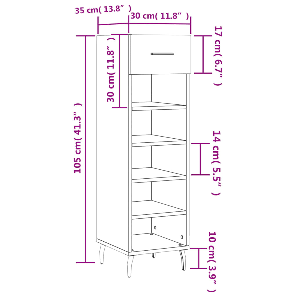 vidaXL Skoskap høyglans hvit 30x35x105 cm konstruert tre