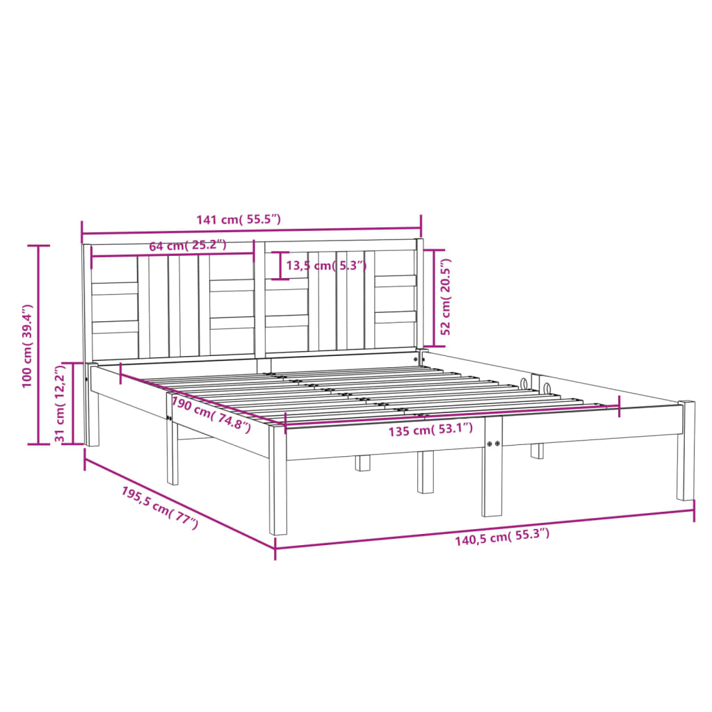 vidaXL Sengeramme svart heltre 135x190 cm Double