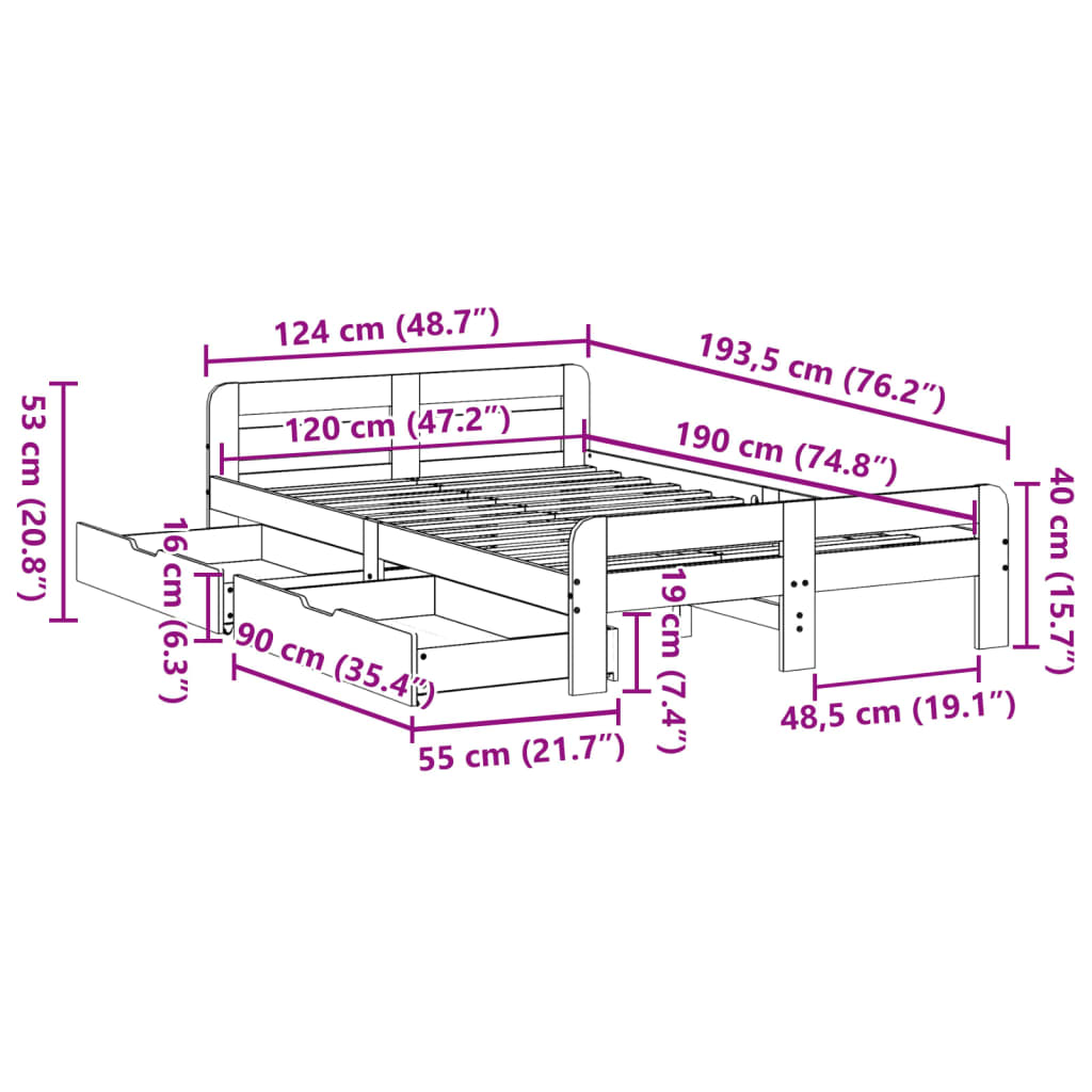 vidaXL Sengeramme uten madrass hvit 120x190 cm heltre furu