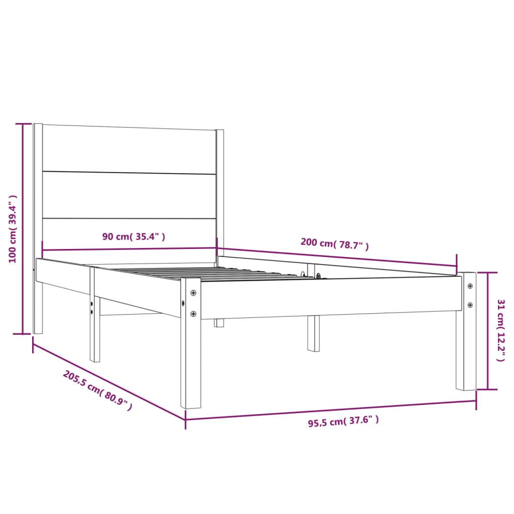 vidaXL Sengeramme grå heltre furu 90x200 cm