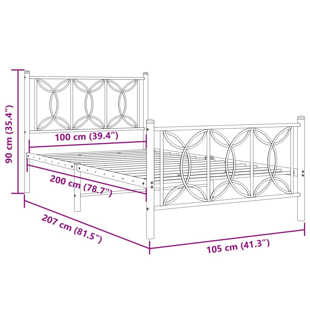 vidaXL Sengeramme i metall med hode- og fotgavl hvit 100x200 cm